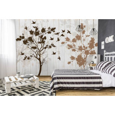 Fototapete mit Bäumen und Vögeln auf Holzbrettern im Büro und Schlafzimmer.