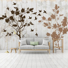 Fototapete mit Bäumen und Vögeln auf Holzbrettern im Büro.