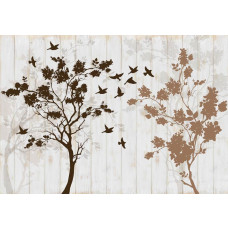 Fototapete mit Bäumen und Vögeln auf Holzbrettern, natürlich und rustikal.