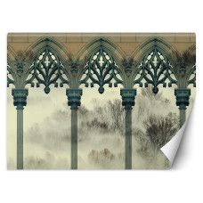 Fotobehang met bomen in mistige kolommen in beige tinten