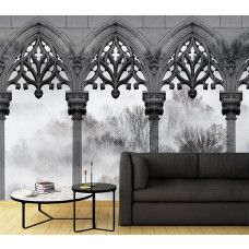 Fotobehang met bomen in mistkolommen in zwart-wit