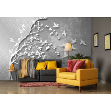 Eine Fototapete mit silbernen Vögeln auf Ästen in einem künstlerischen Design.