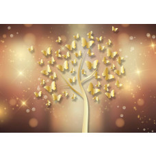 Eine Fototapete mit einem funkelnden Baum voller Schmetterlinge, die in einem goldenen und abstrakten Stil dargestellt ist.