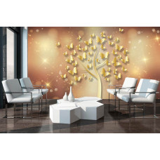 Eine Fototapete mit einem Baum voller goldener Schmetterlinge, die im Licht funkeln.