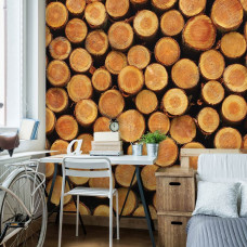 Eine Fototapete mit einem hölzernen Baumstamm-Muster für das Wohnzimmer.
