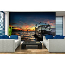 Eine Fototapete mit Meerblick und einem Steg bei Sonnenuntergang, perfekt für das Wohnzimmer.