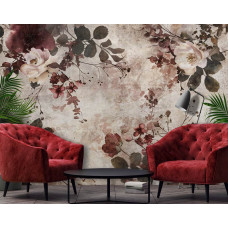 Eine Fototapete mit burgunderroten Blumen auf Beton, ideal für ein Wohnzimmer.