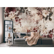 Eine Fototapete mit burgunderroten Blumen in einem romantischen Design, geeignet für ein Wohnzimmer.