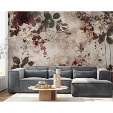 Eine Fototapete mit burgunderroten Blumen auf Beton in einem eleganten Design, geeignet für ein Wohnzimmer.