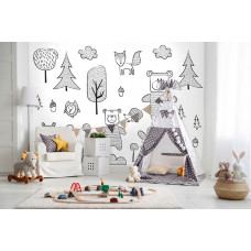 Eine Fototapete mit einem Wald und Bären für Kinder im Baby- und Kinderzimmer.