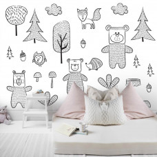 Eine Fototapete mit einem Wald und Bären für Kinder im Baby- und Mädchenzimmer.