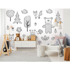 Eine Fototapete mit einem Wald und Bären für Kinder im Kinderzimmer.