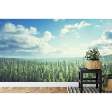 Eine Fototapete mit einer ruhigen Darstellung einer bergigen Waldlandschaft mit subtilen Wolken, perfekt für ein Schlafzimmer.