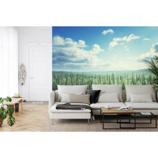 Eine Fototapete mit einer schönen Ansicht eines Waldes, durchsetzt mit Wolken, die über Bergen schweben, perfekt für ein Wohnzimmer.