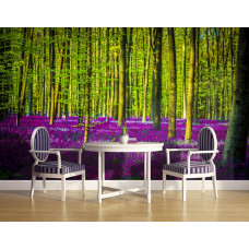 Eine Fototapete mit lila Bäumen in einem Wald, gesehen in der Küche.