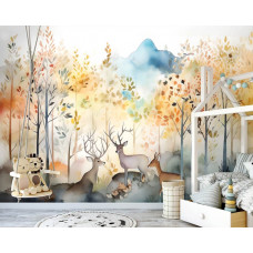 Eine Fototapete mit niedlichen Rehen und Waldtieren im Aquarellstil, ideal für ein Babyzimmer.