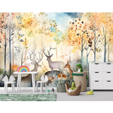 Eine Kindertapete mit Waldtieren und Rehen in einer weichen Aquarelloptik.