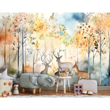 Eine Kinderzimmer-Fototapete mit niedlichen Rehen und Waldtieren in sanften Aquarellfarben.