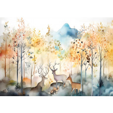 Aquarell von Waldtieren wie Rehen und Vögeln in einem märchenhaften Wald, dargestellt auf einer kinderfreundlichen Fototapete.