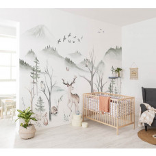 Eine Fototapete mit Waldtieren in einer farbenfrohen Waldumgebung, perfekt für ein Kinderzimmer.