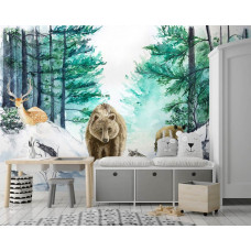 Fototapete mit einem verträumten Abenteuer von Waldtieren in sanften Tönen. Eine perfekte Wahl für ein Kinderzimmer mit einem süßen Look.