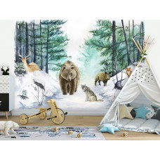 Fototapete mit einer malerischen Darstellung von Waldtieren wie Eichhörnchen und Eulen. Diese Fototapete schafft ein friedliches und natürliches Ambiente in einem Jungenzimmer.