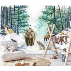 Fototapete mit fröhlichen Waldtieren in einer malerischen Abenteuerumgebung. Ideal für ein Kinderzimmer oder ein Mädchenzimmer mit einem verspielten und lebendigen Look.