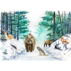 Fototapete mit Waldtieren wie Bär, Hirsch, Wolf und Fuchs in einer malerischen Abenteuerumgebung. Ein verspieltes und charmantes Design.