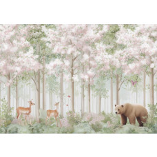 Fotobehang met hertjes, een beer en vlinders in een bos vol roze bloesem.