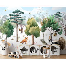 Fototapete mit einer weichen und harmonischen Darstellung von Waldtieren in einem malerischen Stil. Eine süße Wahl für ein Babyzimmer.