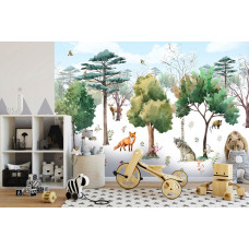 Fototapete mit fröhlichen Waldtieren in einer malerischen Harmonie. Ideal für ein Kinderzimmer mit einem abenteuerlichen und verspielten Look.