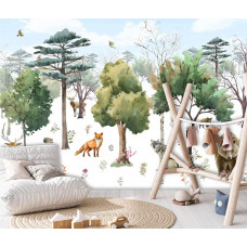 Fototapete mit Waldtieren in einer malerischen und harmonischen Umgebung. Diese Fototapete bringt eine heitere und natürliche Atmosphäre in ein Mädchenzimmer.