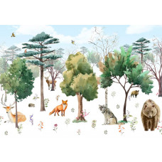 Fototapete mit Waldtieren wie einem Bären, einem Reh, einem Fuchs und Vögeln in einer malerischen Harmonie in einer Waldlandschaft.