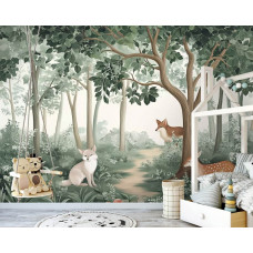 Fotobehang met schattige bosdieren in een speelse kinderkamer.