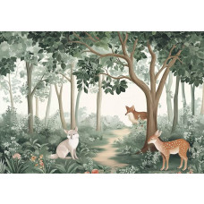 Fotobehang met bosdieren zoals vosjes en een hertje in een sprookjesachtig bos voor de kinderkamer.