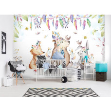 Eine Fototapete mit Waldtieren, geeignet für Kinder- und Jungenzimmer, um im Spielzimmer gesehen zu werden.
