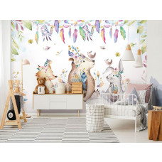 Eine Fototapete mit Waldtieren, geeignet für Kinder- und Jungenzimmer.