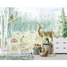 Eine Fototapete mit Waldtieren in einem Kunstgemälde mit einem Hirsch, einer Eule und einem Kaninchen in einem Kinderzimmer.