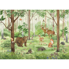 Eine Bildtapete mit einem Waldtierparadies, in dem niedliche Tiere wie Rehe, Eichhörnchen und ein Bär in einem Märchenwald zu sehen sind.