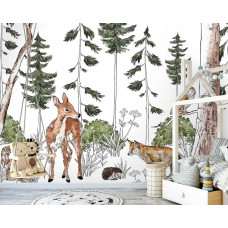 Eine Fototapete mit einem Waldtierreich, in dem Waldtiere auf Abenteuerreise in einem Babyzimmer gehen.