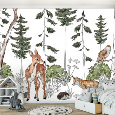 Eine Fototapete mit einem Waldtierreich, in dem Waldtiere auf Abenteuerreise in einem Jungenzimmer in einem Kinderzimmer gehen.
