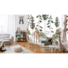Eine Fototapete mit einem Waldtierreich, in dem Waldtiere auf Abenteuerreise in einem Kinderzimmer gehen.
