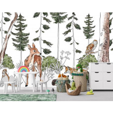 Eine Fototapete mit einem Waldtierreich, in dem Waldtiere auf Abenteuerreise in einem Spielzimmer für Kinder gehen.