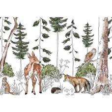 Kinderzimmer-Tapete mit einem abenteuerlichen Wald voller Tiere, mit einer waldreichen Kulisse und verspielten Waldtieren.
