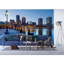 Eine Fototapete von Boston Harbor mit einem beeindruckenden Blick auf den Hafen, ideal für ein stilvolles Wohnzimmer.