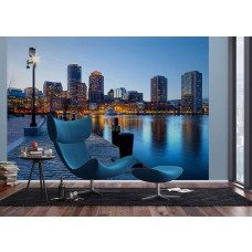 Eine Fototapete von Boston Harbor, mit einem Panoramablick auf den Hafen und die Stadt.