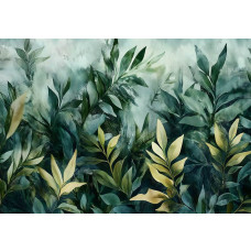 Fotobehang met een botanisch bladerpatroon in aquarelstijl met groene en beige tinten op een groene achtergrond.