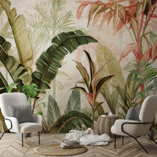 Eine Fototapete mit botanischen Dschungelblättern auf Beton, geeignet für ein Wohnzimmer.