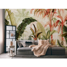 Eine Fototapete mit botanischen Dschungelblättern auf Beton, geeignet für ein Schlafzimmer und Wohnzimmer.