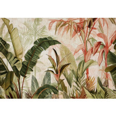 Eine Fototapete mit botanischen Dschungelblättern auf Beton, in einer natürlichen und tropischen Umgebung.